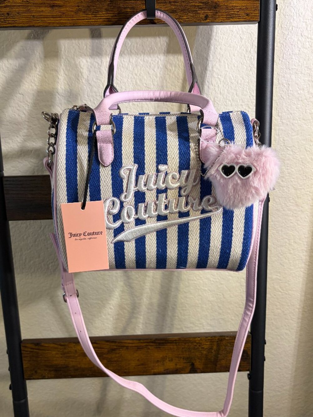 Juicy Couture Free To Be Juicy Satchel Blue Stripe Canvas Bag Charm